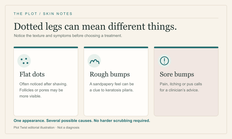 Illustrated guide to strawberry legs: flat dark dots, rough bumps, and sore bumps can point to different causes