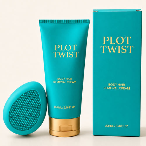 Plot Twist 200 mL body hair removal cream with a turquoise silicone Pebble and matching box